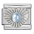 Silver charm with a central blue pearl on a white background