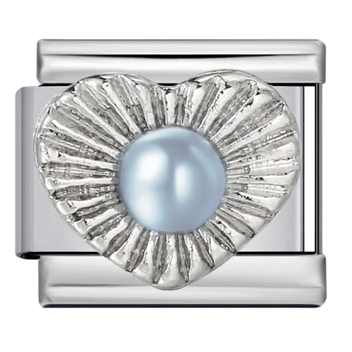 Silver charm with a central blue pearl on a white background