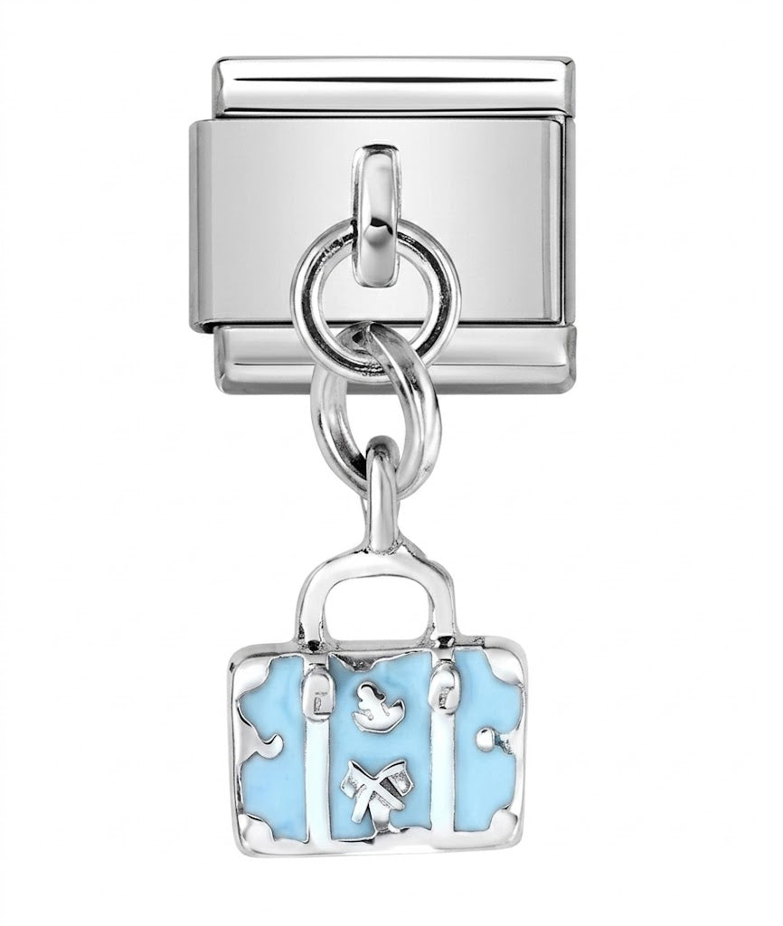 Silver charm with blue enameled suitcase design on a white background