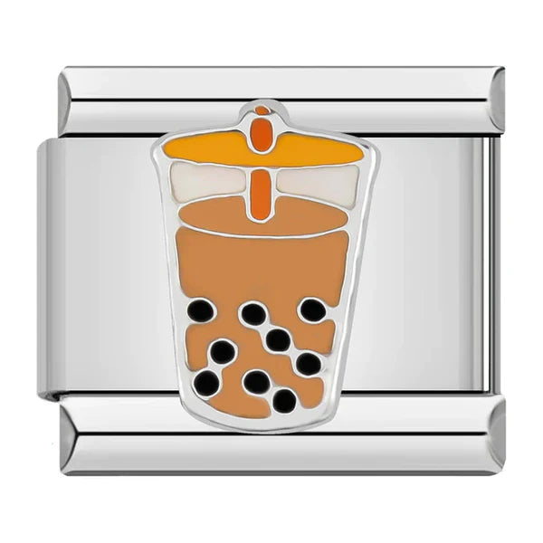 Silver charm with a design of a bubble tea cup on a white background