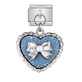 Heart-shaped charm with denim texture and silver bow on a white background
