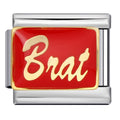 Silver charm with red background and gold 'Brat' text on a white background
