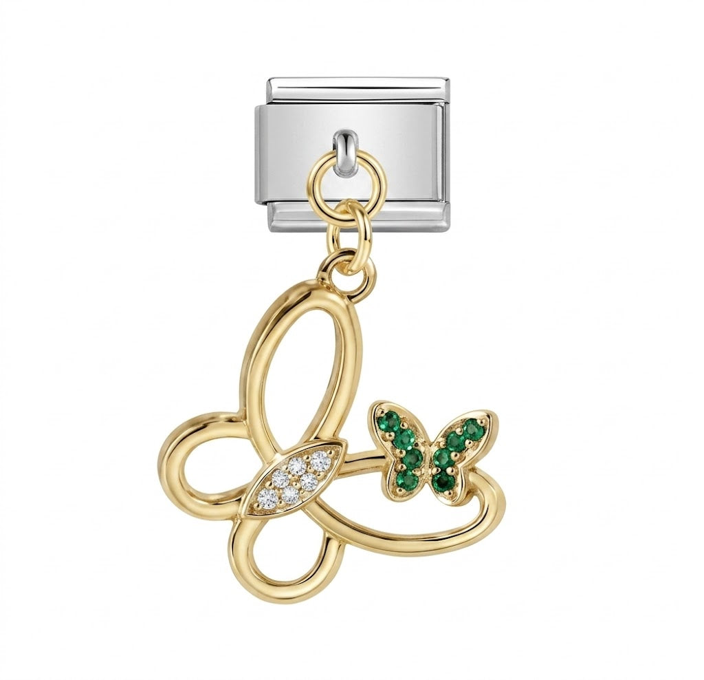 Silver double butterfly charm with green gemstone