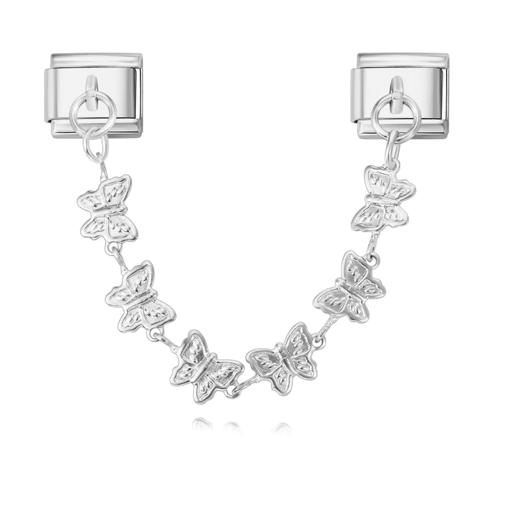 Silver butterfly chain charm on a white background