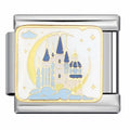Silver charm with castle design on a white background