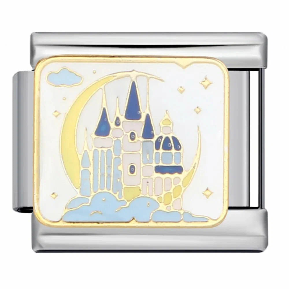 Silver charm with castle design on a white background
