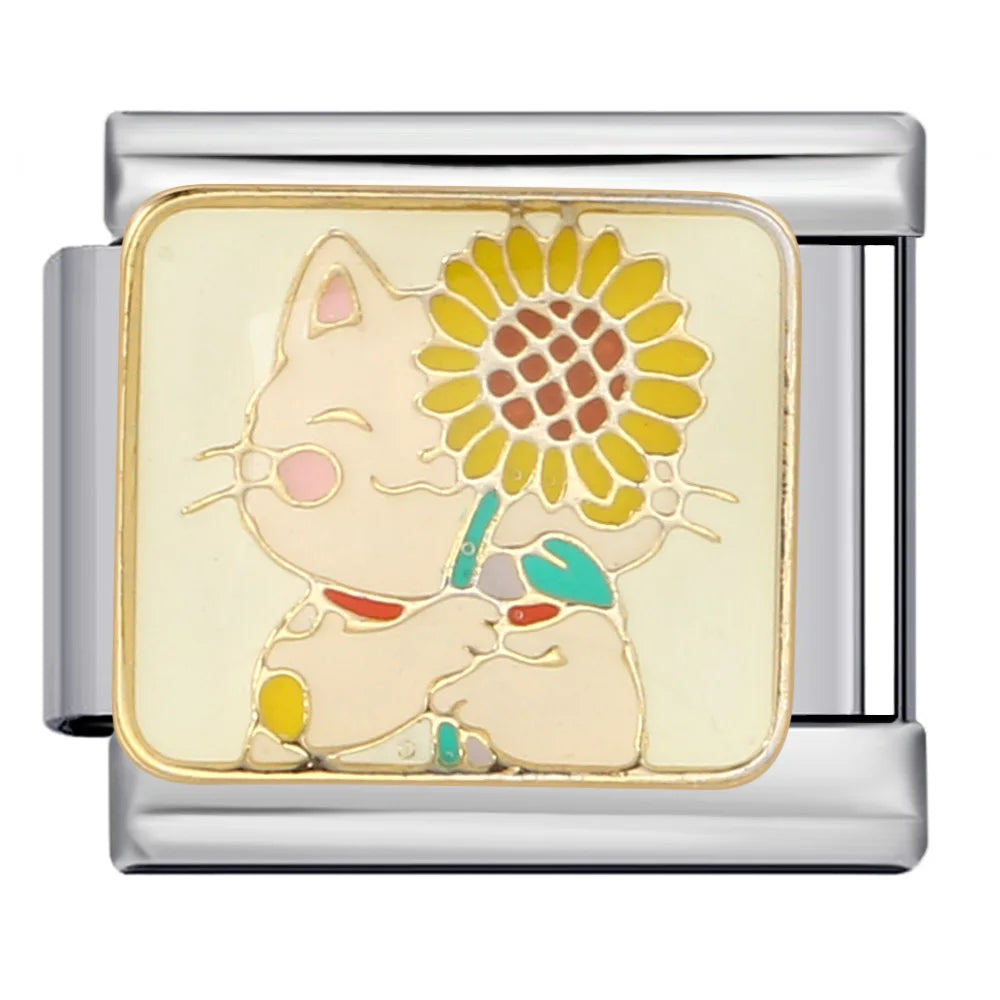 Cat and flower design on a silver charm with a white background