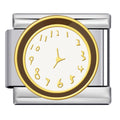 Small clock with gold rim and white face on a silver metal frame.