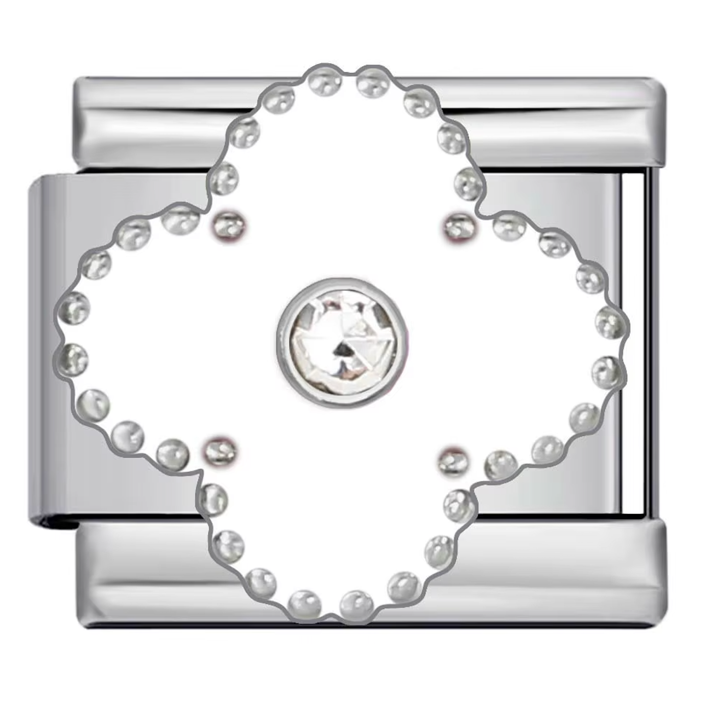 Silver charm with clover and gem centre on a white background