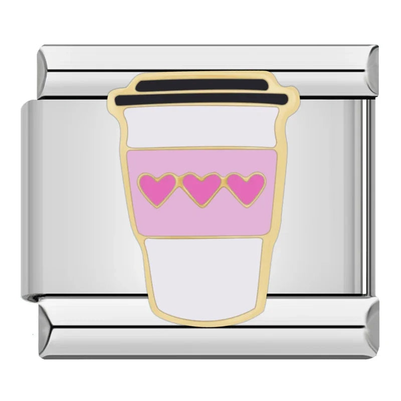 Silver charm with a pink coffee cup design featuring hearts on a white background