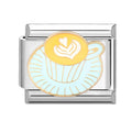 Silver charm with a latte cup and light blue design on a white background