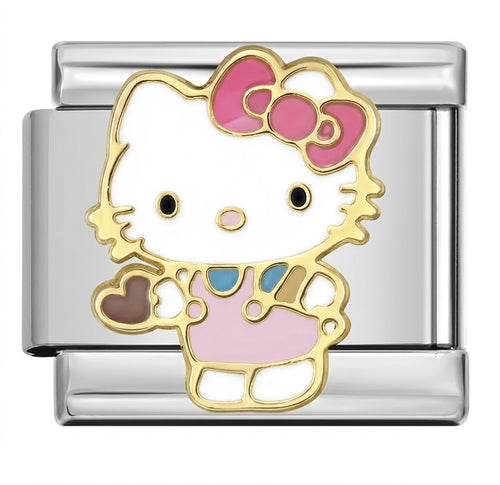 Designer charm with cute Kitty illustration on a silver and gold background