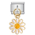 Gold and white flower-shaped charm on a silver clip against a white background