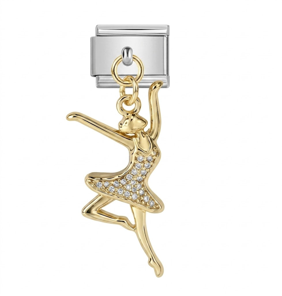 Gold dancer charm with silver base on a white background