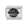 Silver charm with 'Don't Panic' design on a white background