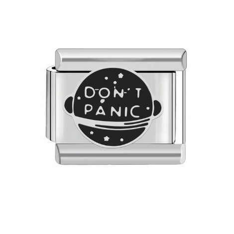 Silver charm with 'Don't Panic' design on a white background