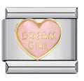 Heart-shaped charm with 'Dream Girl' text on a silver and gold metal background