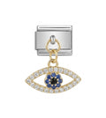 gold and blue evil eye design on a white background