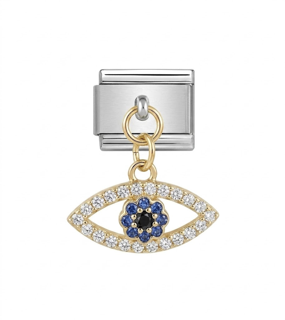 gold and blue evil eye design on a white background
