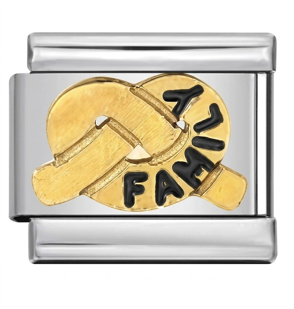Silver and gold charm with 'FAMILY' text on a white background