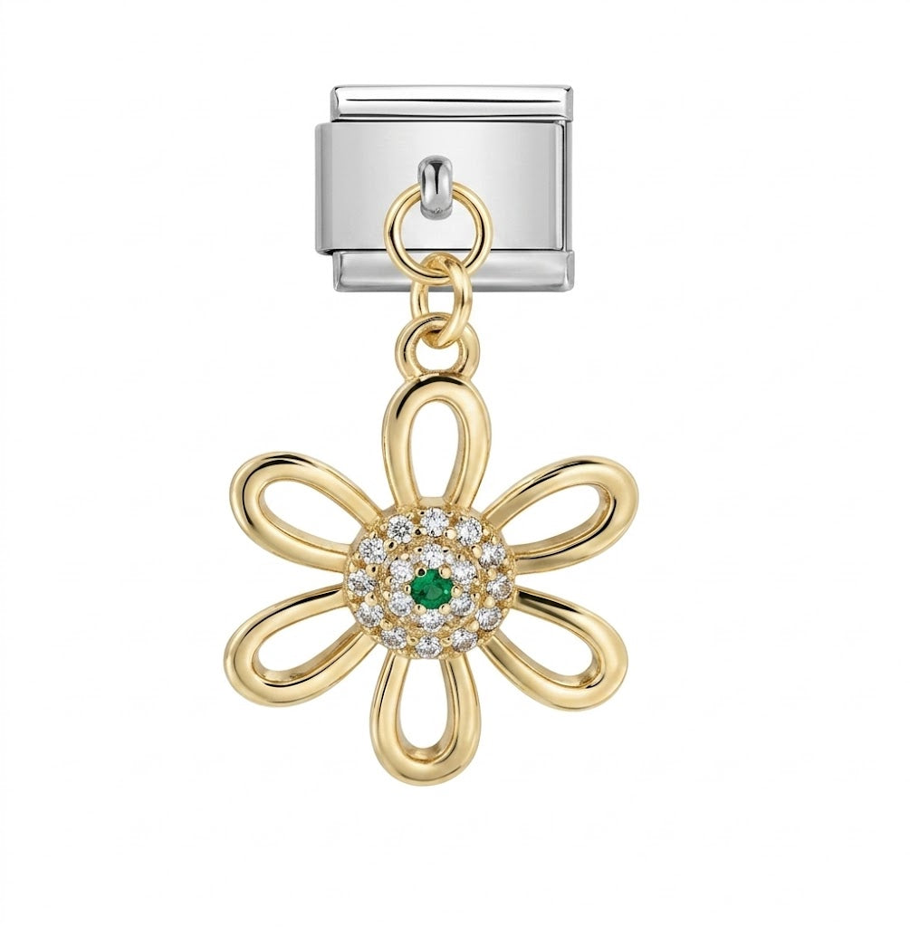 Gold charm with Gold flower-shaped charm with a green gemstone on a white background