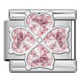 Silver charm with pink heart-shaped crystals on a white background