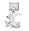 Silver charm with a moon and butterfly design on a white background
