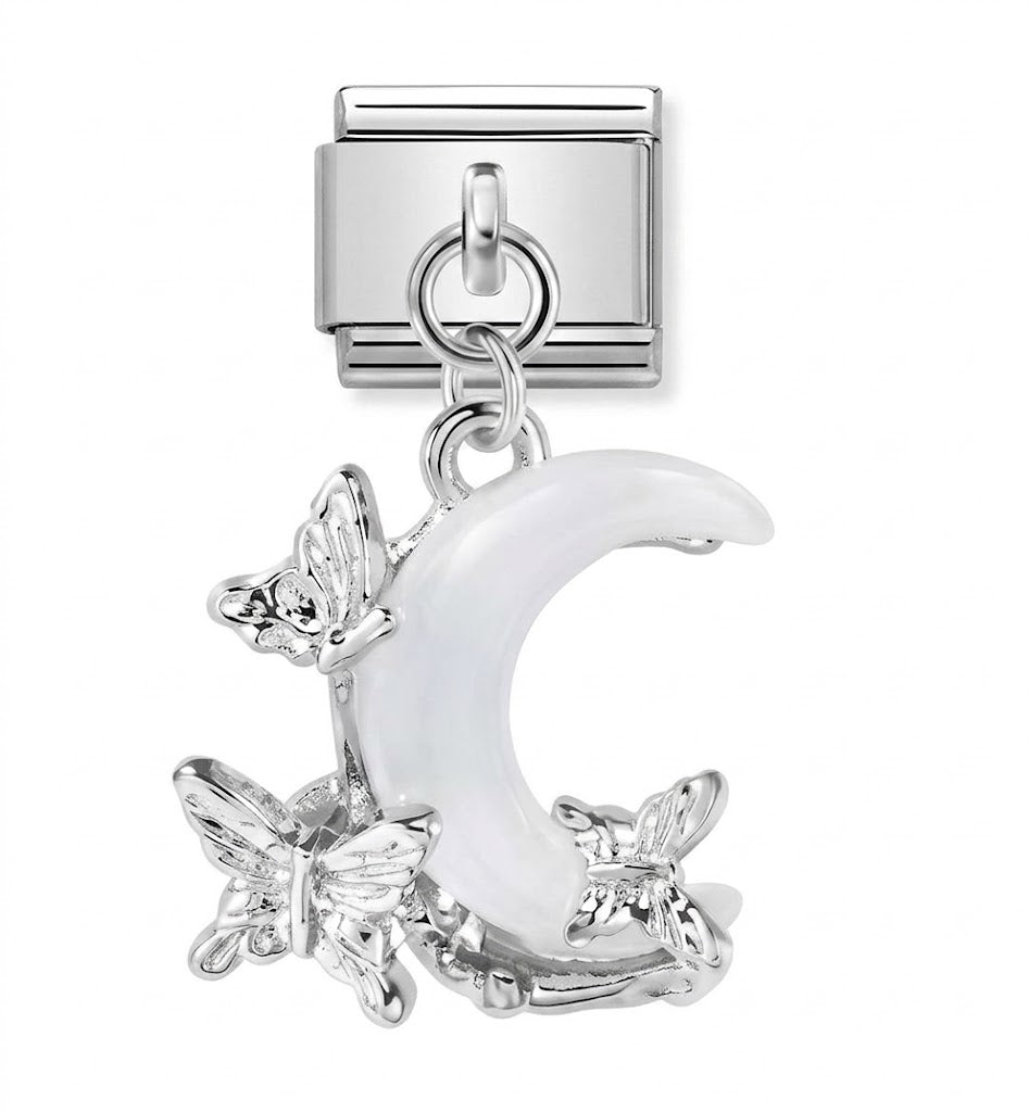 Silver charm with a moon and butterfly design on a white background