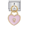 Heart-shaped lock charm with pink enamel and gold accents on a white background