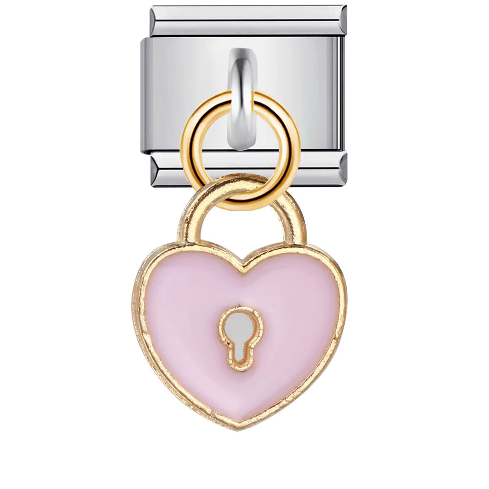 Heart-shaped lock charm with pink enamel and gold accents on a white background