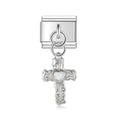 Silver cross charm with a crystal heart detail on a white background