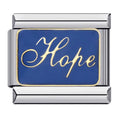 Silver charm with blue background and gold 'Hope' text on a white background