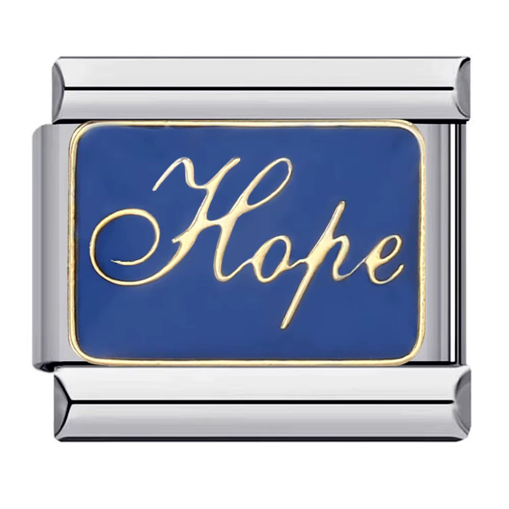 Silver charm with blue background and gold 'Hope' text on a white background