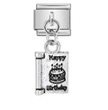 Silver charm with 'Happy Birthday' and cake design on a white background