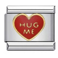 Silver charm with a red heart-shaped enamel and gold text 'HUG ME' on a white background