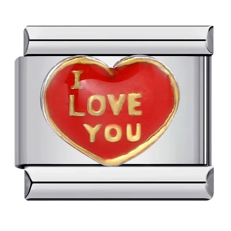 Silver charm with a red heart-shaped enamel and gold text 'I LOVE YOU' on a white background