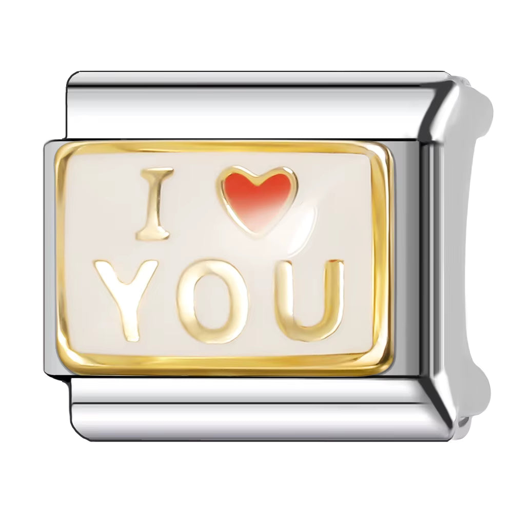 silver charm with 'I ❤️ YOU' text on a white background