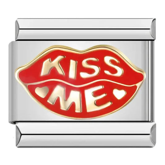 Silver charm with red lips and 'KISS ME' text on a white background