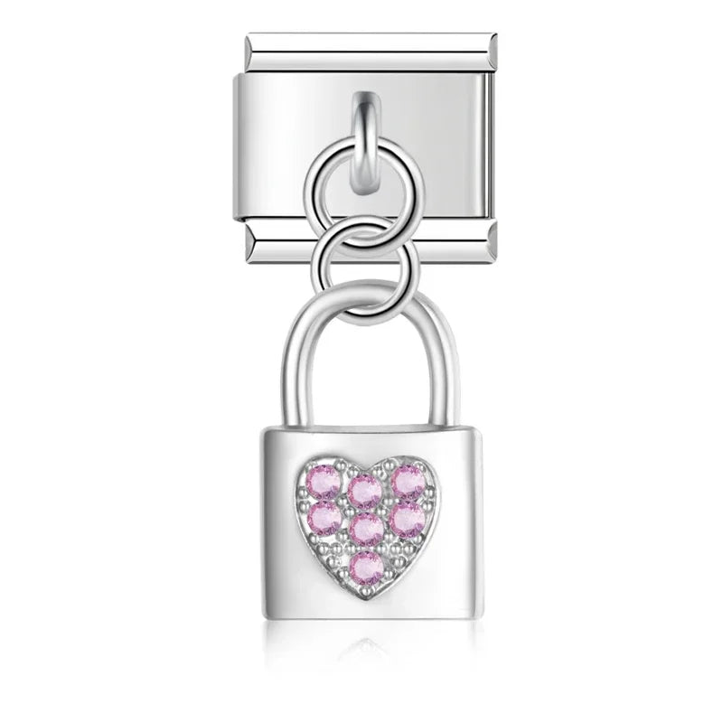 Silver lock charm with pink heart-shaped gemstones on a white background