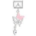 Silver charm with pink butterfly and clear gem on a white background
