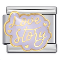 Silver charm with gold 'I love story' text on a white background