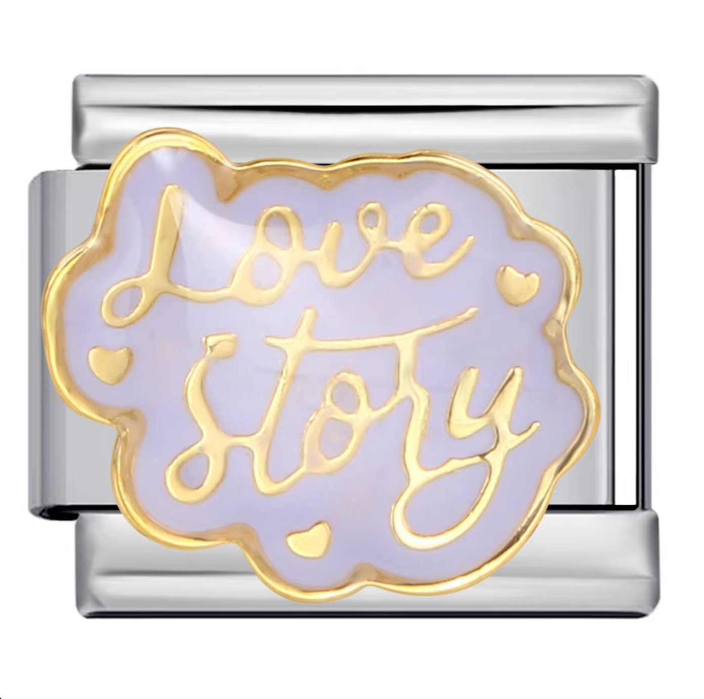 Silver charm with gold 'I love story' text on a white background