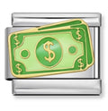 silver charm resembling a green dollar bill with a gold border on a white background