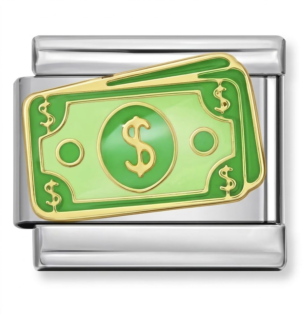 silver charm resembling a green dollar bill with a gold border on a white background