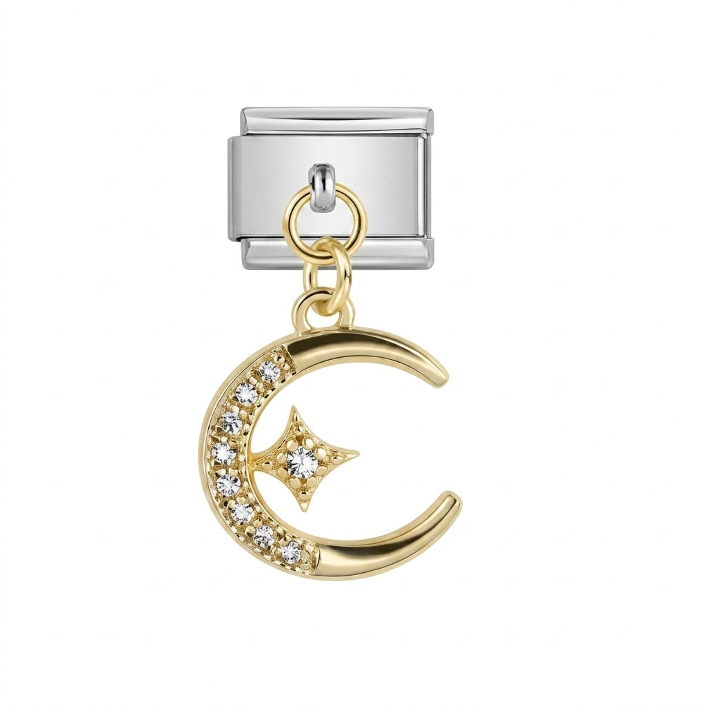 Silver charm with Gold moon and star charm on a white background