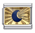 Gold and silver decorative piece with blue moon on a white background