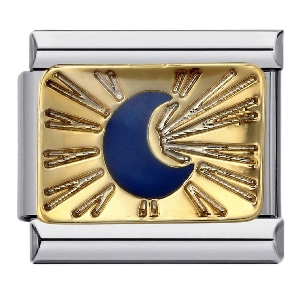 Gold and silver decorative piece with blue moon on a white background