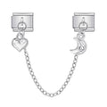 Silver chain with heart and moon charms on a white background