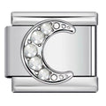 Silver charm with a crescent moon design and embedded crystals on a white background