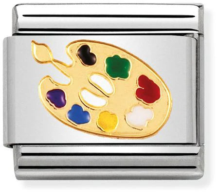 Silver charm with a colorful artist's palette design on a white background